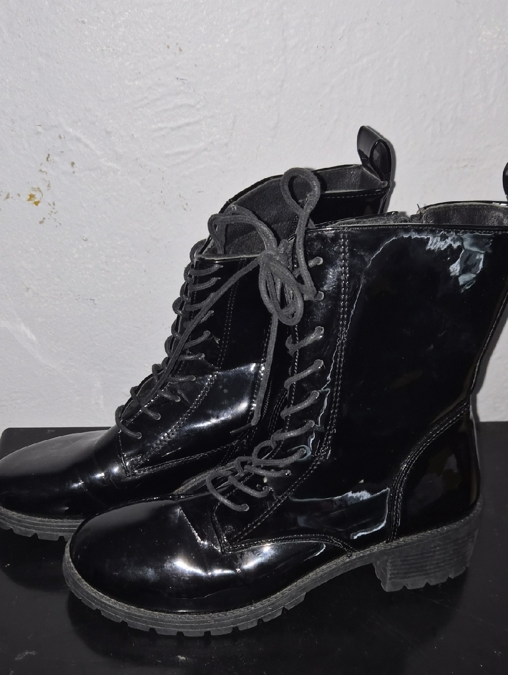 Women's Black Patent Lace-Up Ankle Boots with Chunky Sole